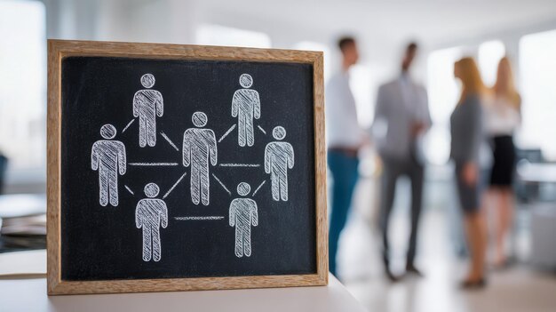Dibujo en una pizarra de madera que muestra un esquema de colaboración entre personas, con siluetas conectadas por líneas, en un entorno de oficina con profesionales de fondo.