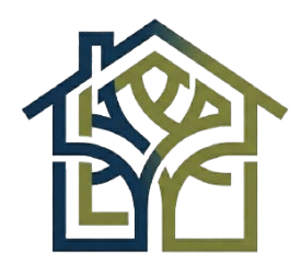 Logo de una organización con un diseño de casa estilizada y elementos de naturaleza, representando sostenibilidad y cuidado del medio ambiente.